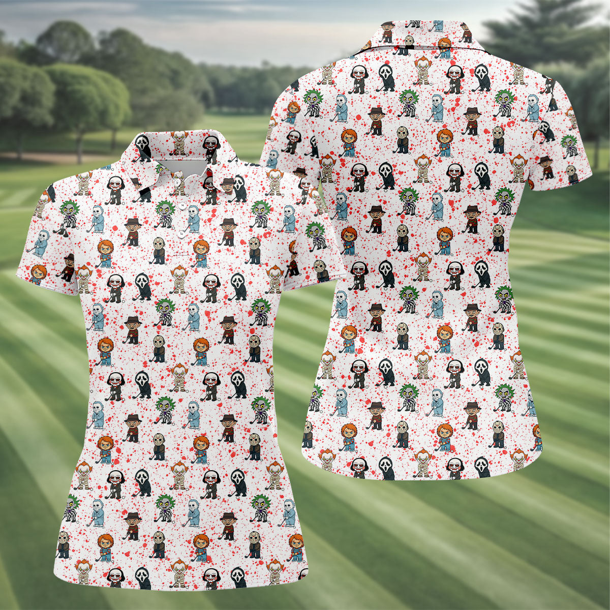 White Horror Character Golf Polo Shirt, Women's Golf Polo, Ladies Golf Shirts