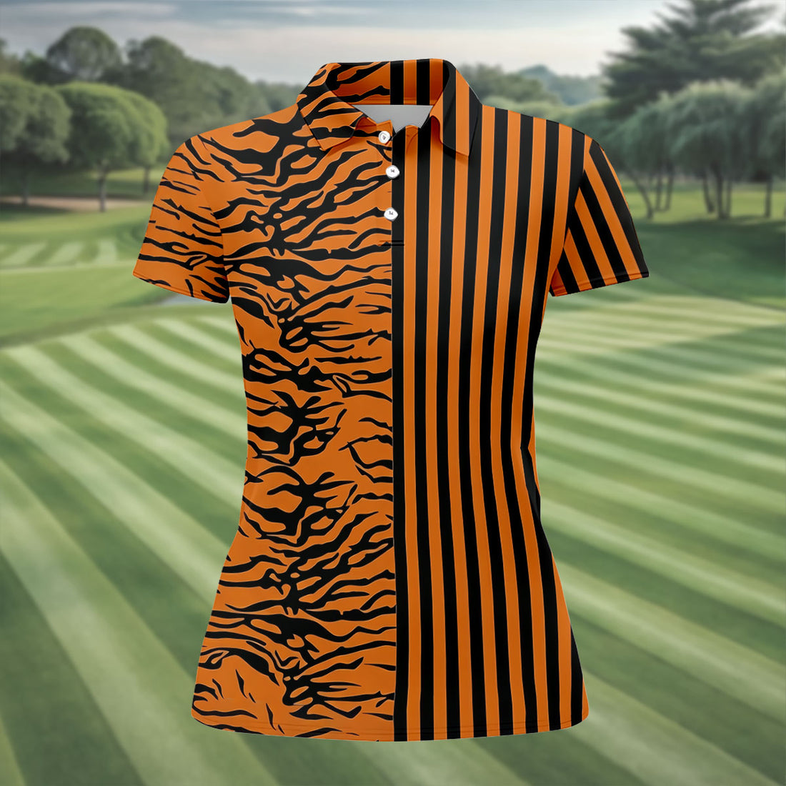 Orange Tiger Stripe Split Pattern Golf Shirt, Women's Golf Tops, Ladies Golf Shirts, Printed Golf Shirt