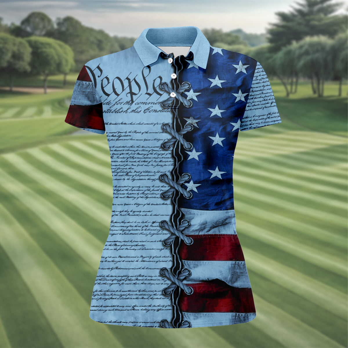We The People Preamble Patriotic 4th Of July Blue Golf Shirt, 250th Anniversary Women's Golf Tops
