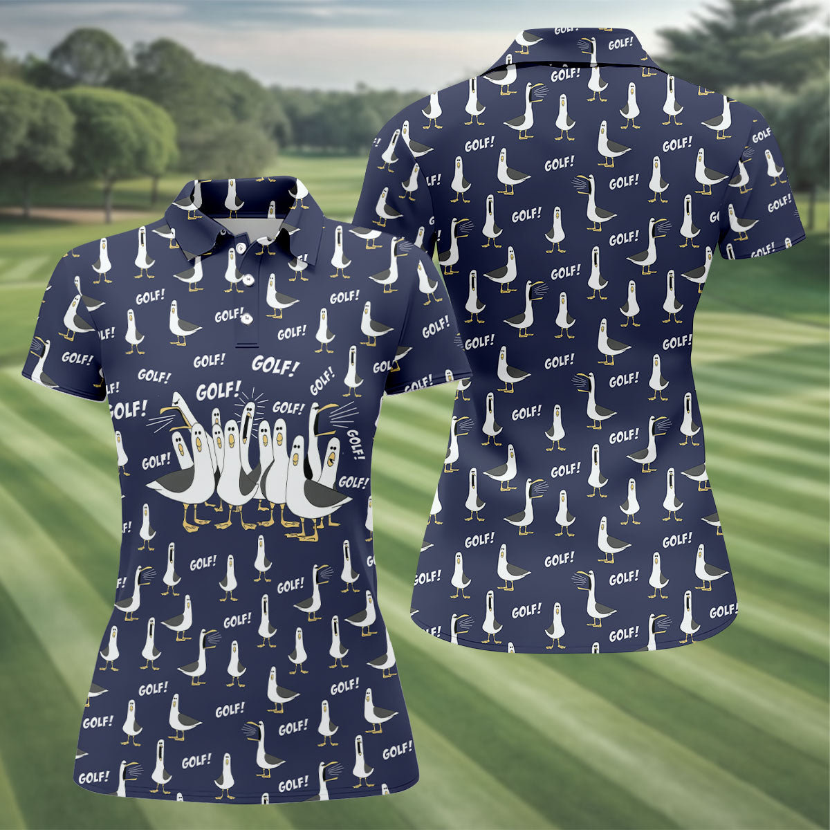 Funny Seagull Halloween Golf Shirt, Cartoon Bird Pattern, Women's Golf Apparel, Printed Golf Shirt