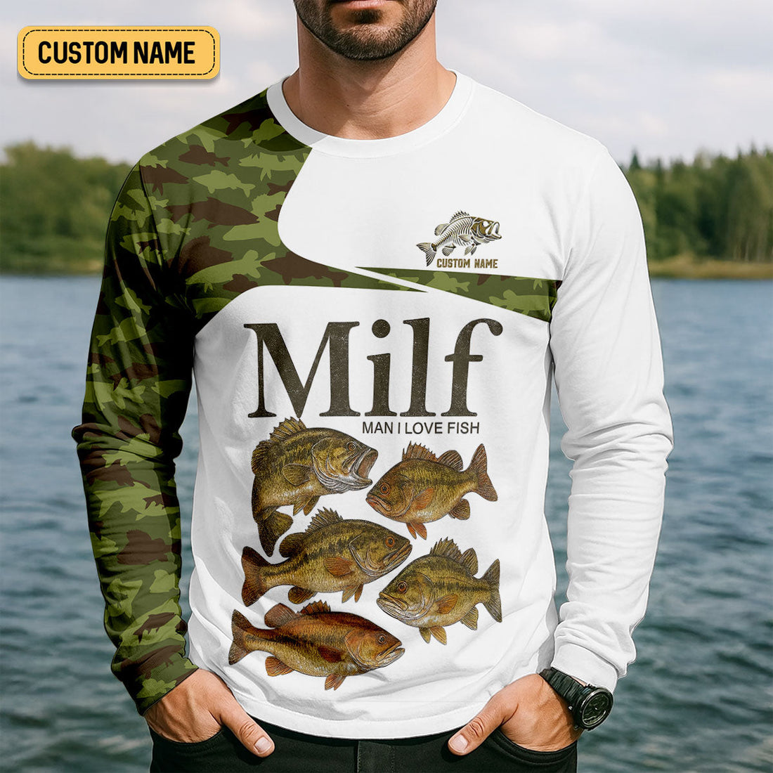 MILF Man I Love Fish Green Camo Funny Fishing Shirt, Fishing UPF Shirts, Fishing Shirts For Men
