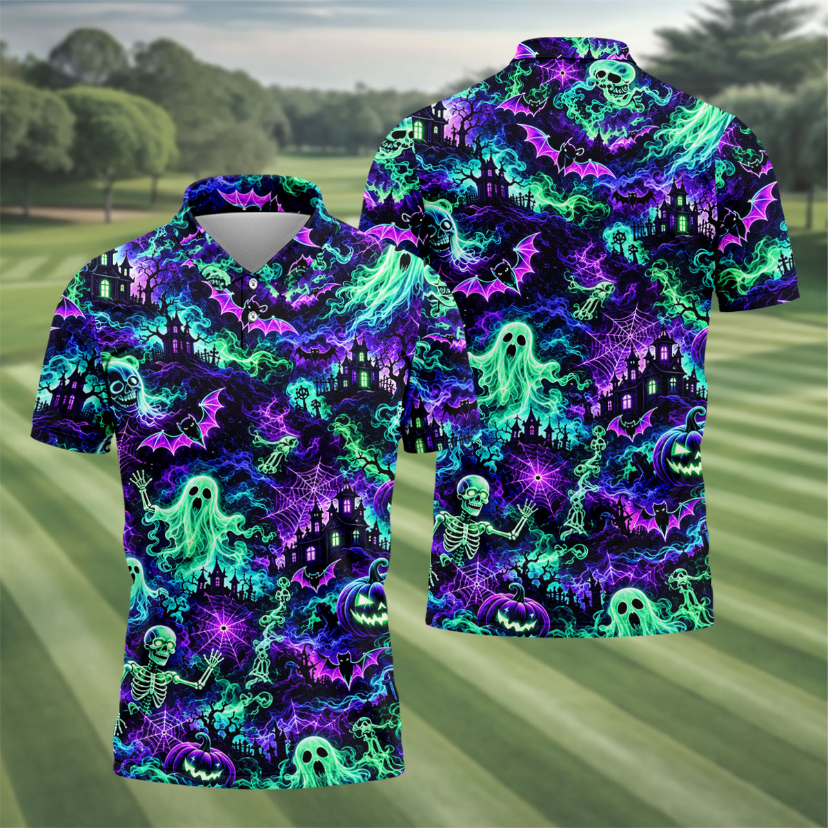 Neon Ghost Skeleton Halloween Horror Character Polo Shirt, Golf Shirt, Mens Golf Polo