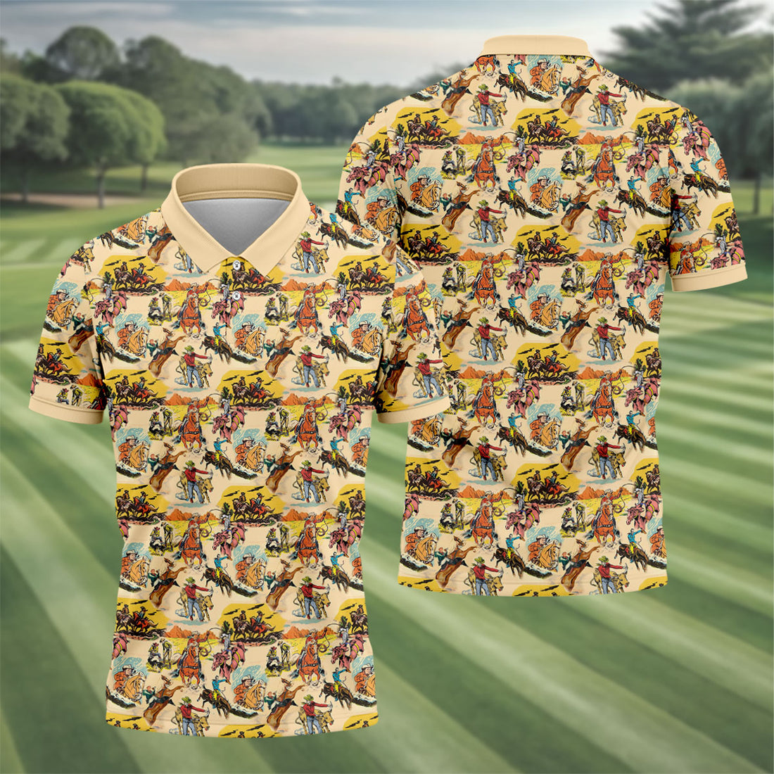 Vintage Cowboy Western Theme Old West Golf Tops For Men, Polo Shirts For Men, Golf Shirts For Men