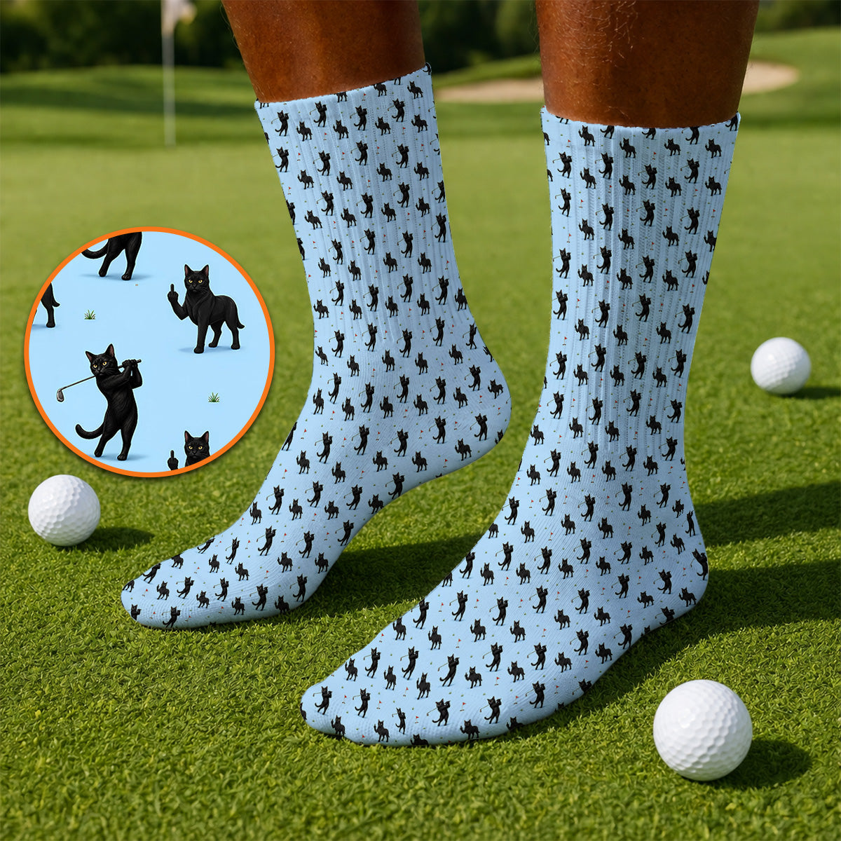 Black Cat Golf Pattern Sock, Funny Golf Socks For Cat Lover, Unique Birthday Gift For Golf Dad