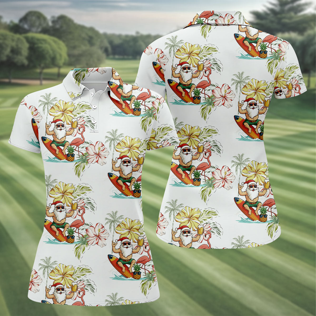 Surfing Santa Hawaiian Golf Shirt, Fun Women's Golf Shirts, Christmas Golf Shirt, Golf Gifts For Women