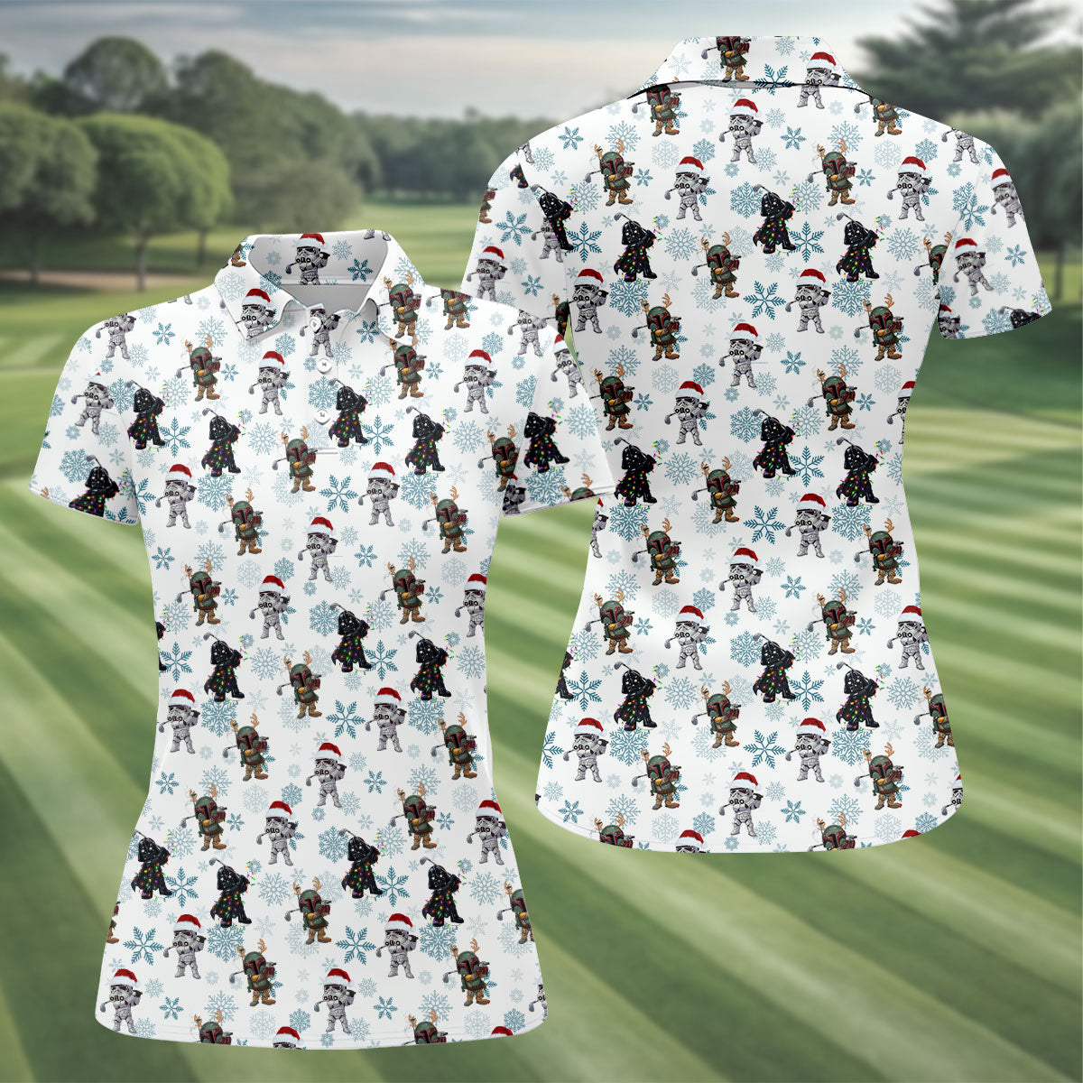 Christmas Space Characters Pattern Polo Shirt, Golf Shirts For Women, Women’s Golf Apparel