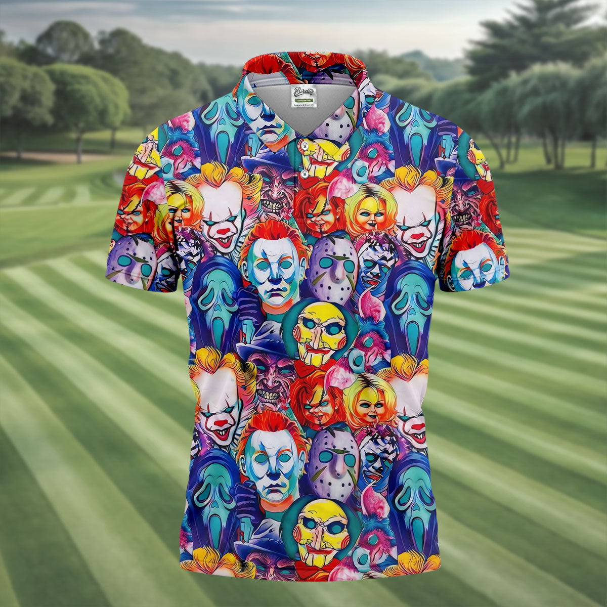 Colorful Horror Character Faces Halloween Polo Shirt, Mens Golf Shirts, Mens Polo Shirts
