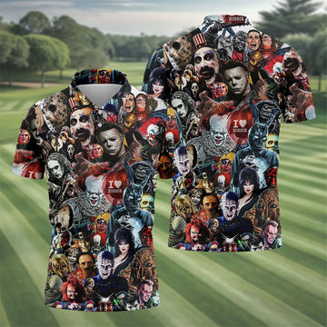 Classic Horror Icons Collage Halloween Golf Shirt, Mens Golf Polo, Printed Golf Shirts