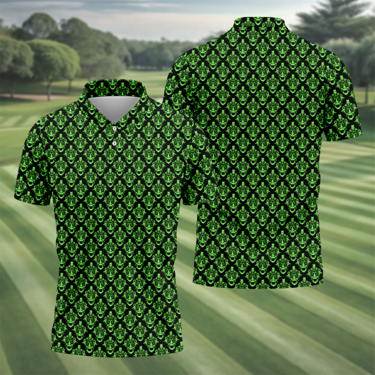 Neon Green Horror Character Pattern Golf Shirt, Mens Golf Polo, Halloween Golf Shirt