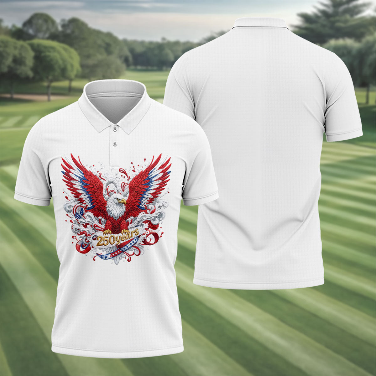 US Bald Eagle Embroidery Effect Patriotic Golf Shirt, 4th Of July Golf Shirt, 250th Anniversary Polo ShirtFor Men