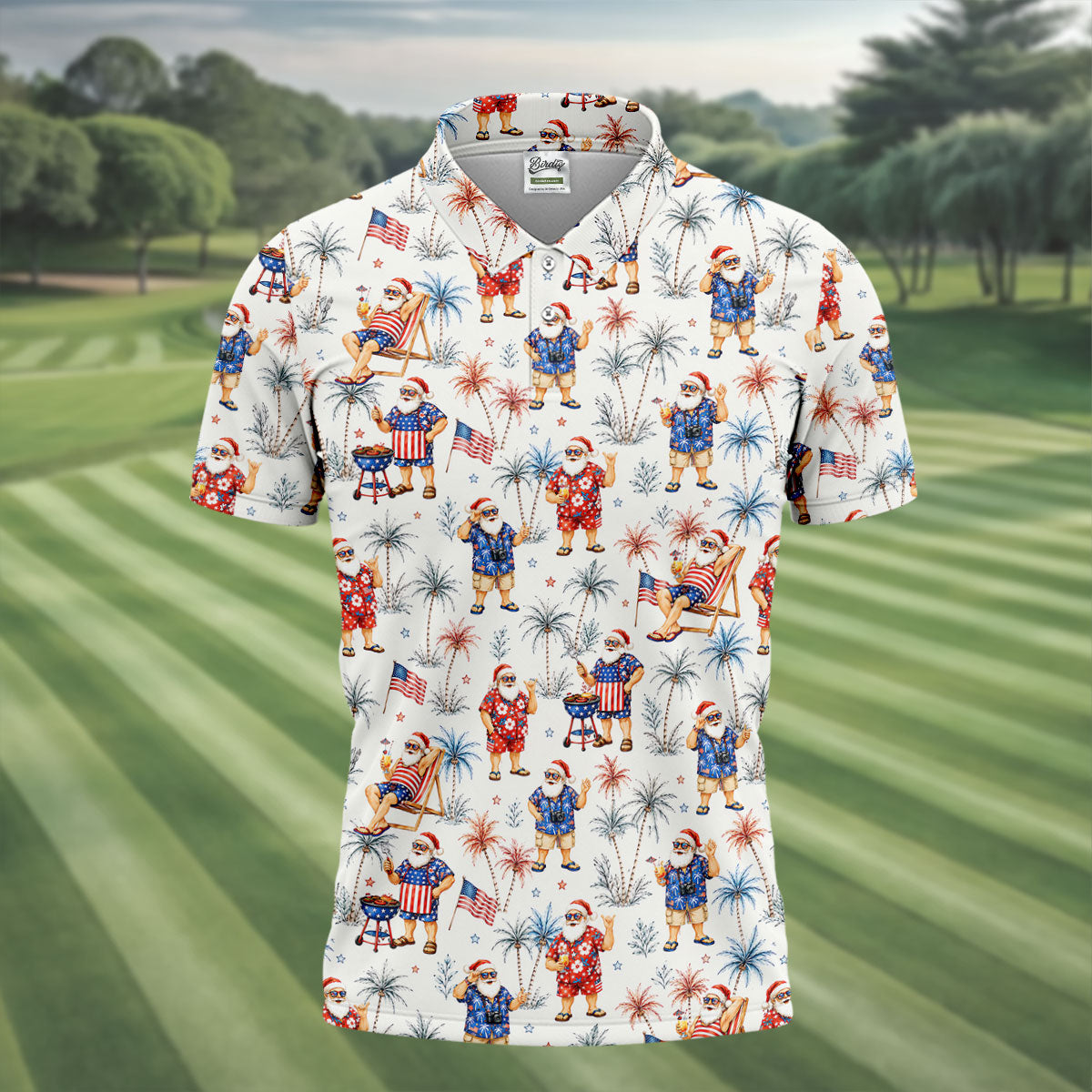 Patriotic Santa Tropical Christmas Polo Shirt, Mens Golf Polo, Hawaiian Golf Shirt