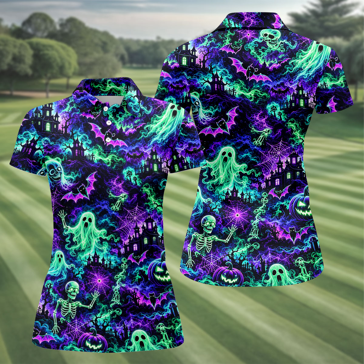 Neon Ghost Skeleton Halloween Horror Character Polo Shirt, Golf Shirt, Womens Golf Apparel