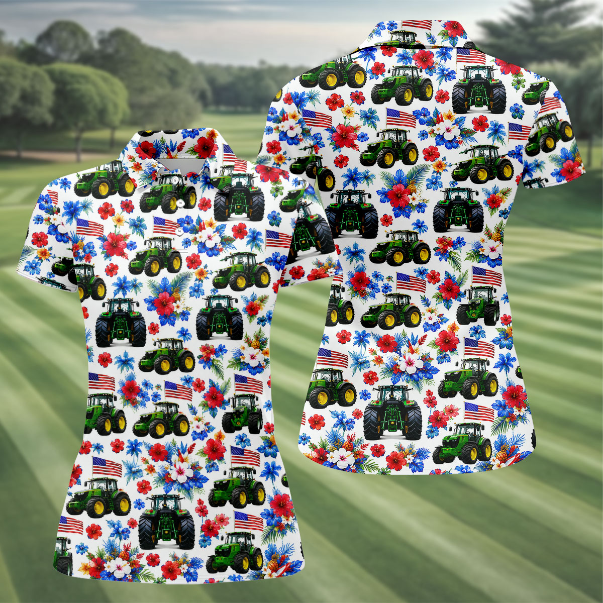American Tractor Golf Shirt, Patriotic Wildflower Country Farm Pattern, Golf Shirt For Women