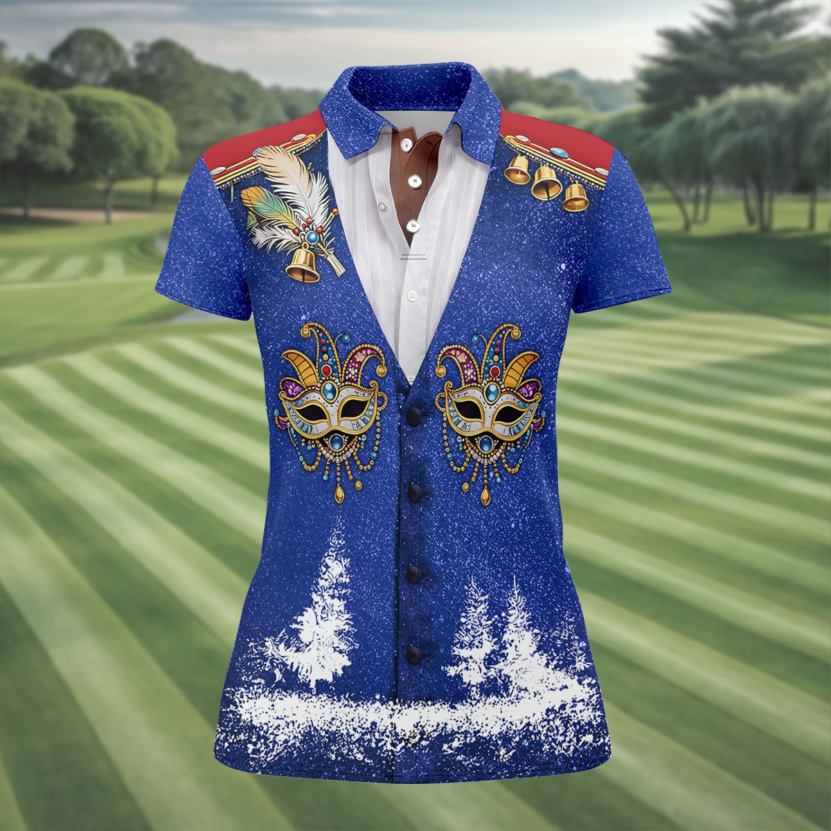 Masquerade Mask Feather Mardi Gras Glitter Print Blue Golf Shirt, Women's Golf Tops, Ladies Golf Shirts