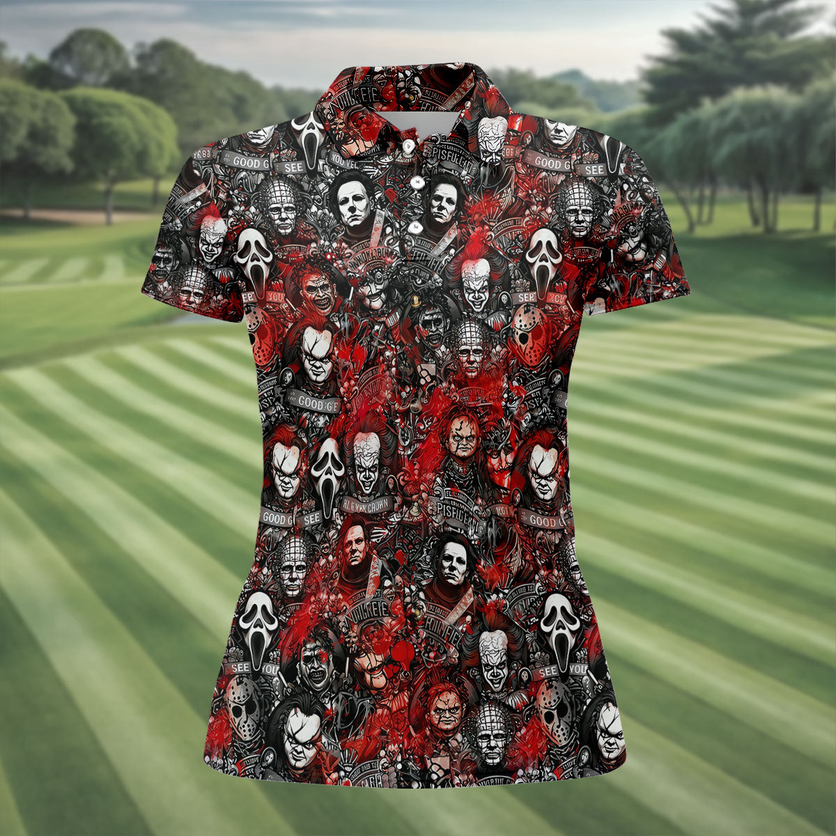 Red Horror Character Collage Halloween Golf Shirt, Women's Golf Polo, Printed Golf Shirt