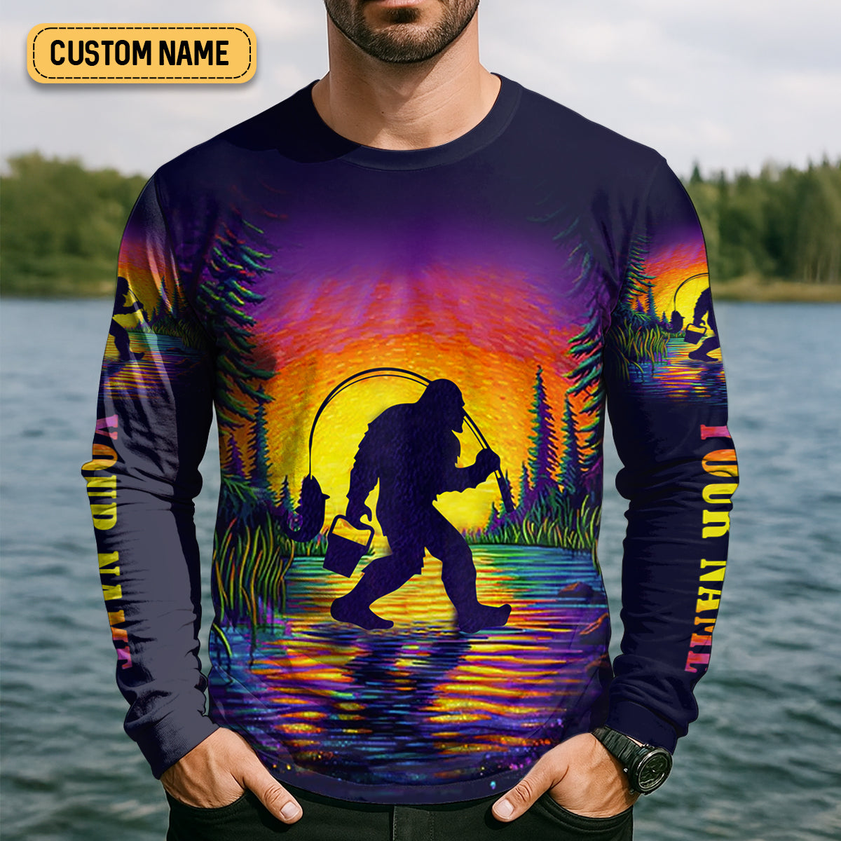 Gone Squatchin And Catching Sunset Fishing UPF Shirts, Funny Fishing Shirt, Sasquatch Fishing Shirts For Men