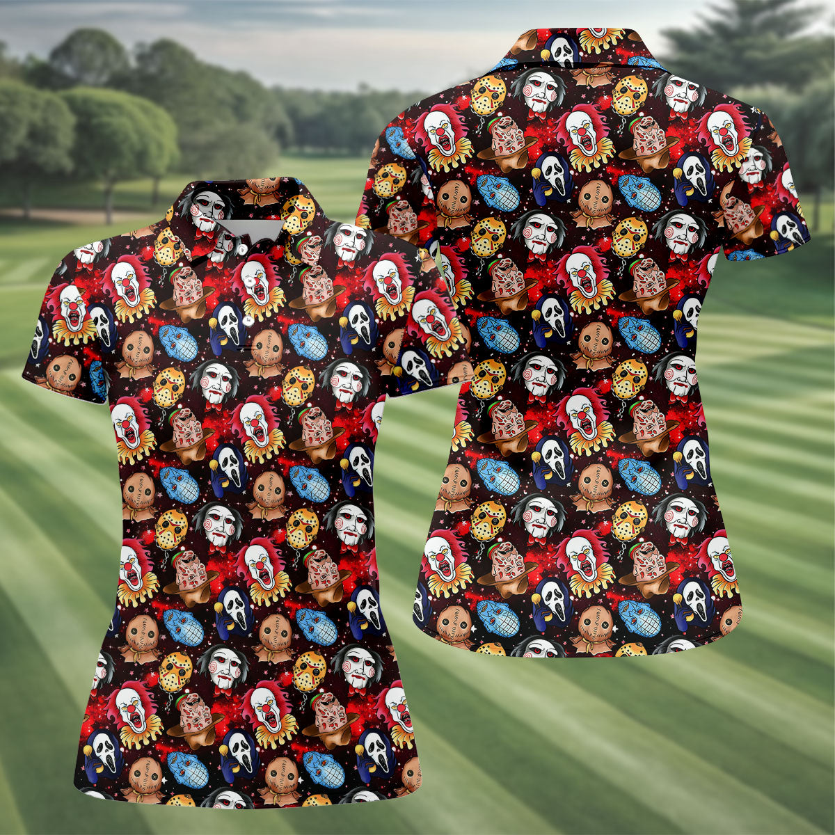 Red Galaxy Horror Character Pattern Halloween Golf Shirt, Ladies Golf Shirts, Women’s Golf Apparel