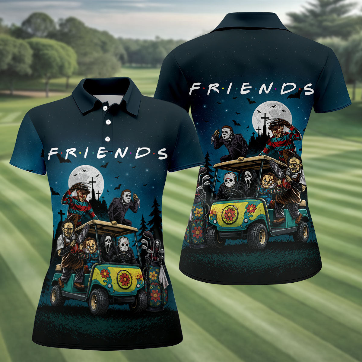 Horror Character Golf Cart Polo Shirt, Halloween Golf Shirt, Womens Halloween Golf Shirt