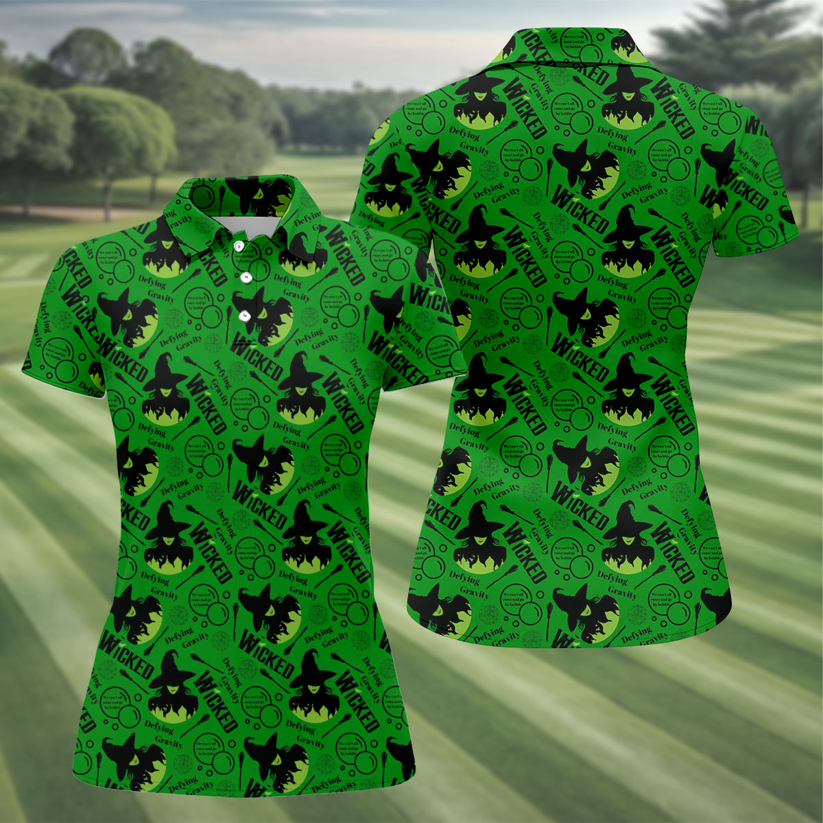 Green Witch Bubble Pattern Halloween Polo Shirt, Ladies Golf Shirts, Golf Polo For Women