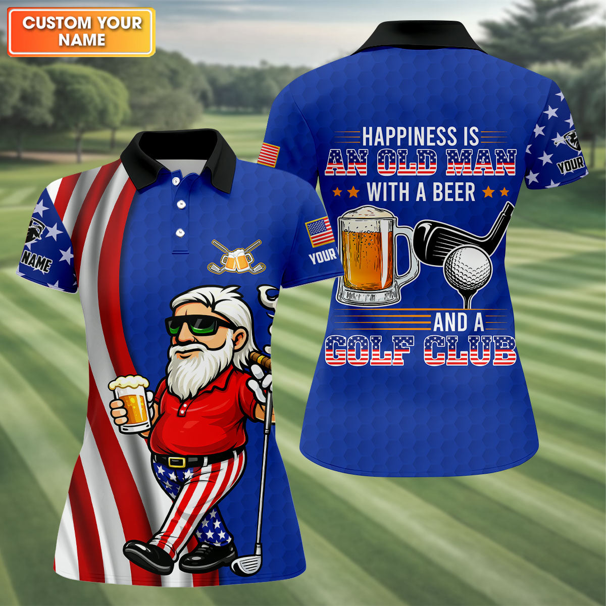 Happiness Is An Old Man With A Beer Funny 4th Of July Navy Golf Shirt, 250th Anniversary Women's Golf Tops