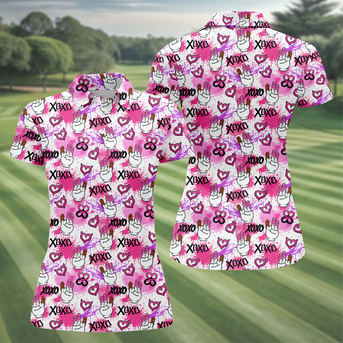 Chocolate Fingers Adult Humor XOXO Pink Splatter Fun Women's Golf Shirts, Valentines Golf Gift, Women's Golf Tops
