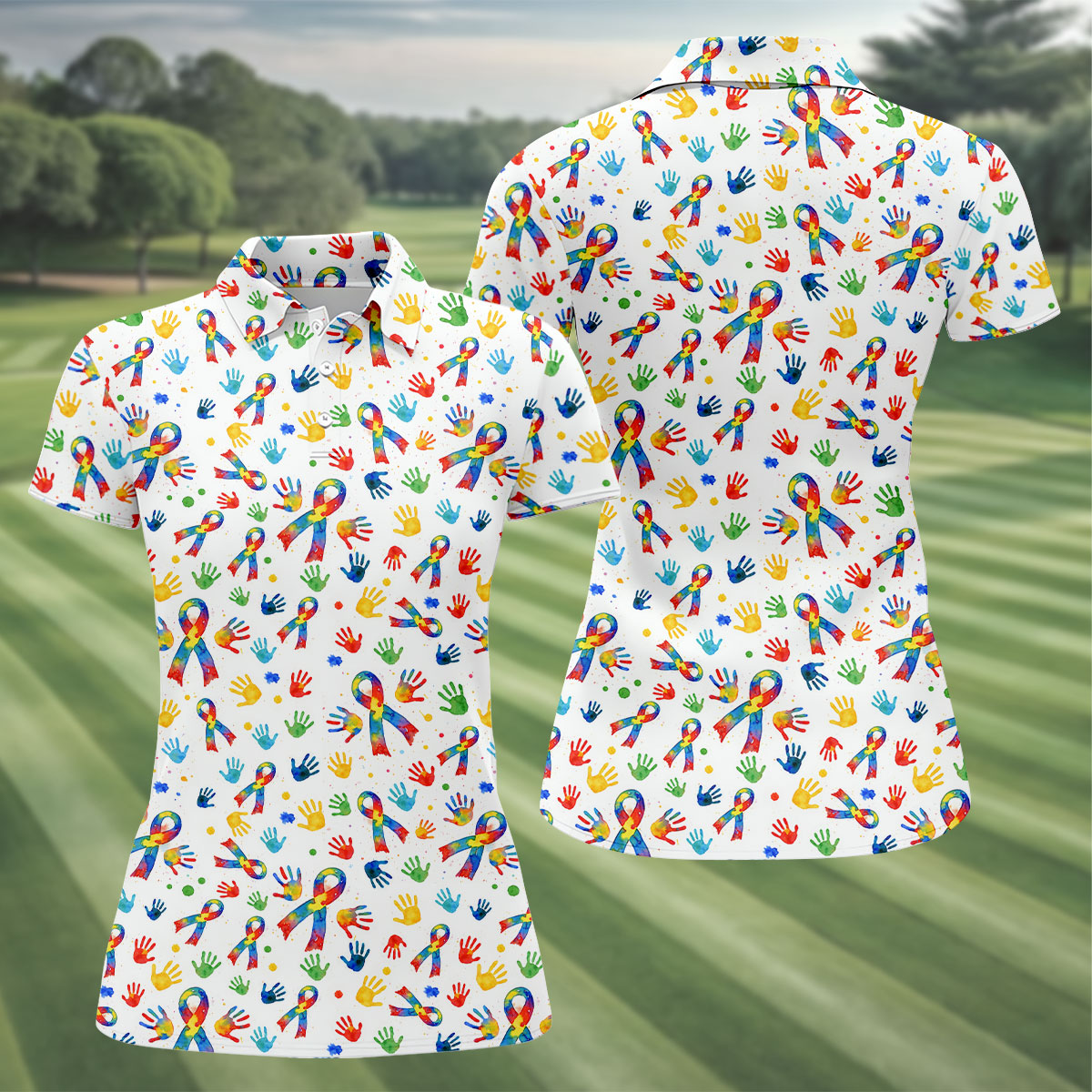 Colorful Handprints Autism Ribbon Women's Golf Tops, Autism Awareness Color Ladies Golf Polos