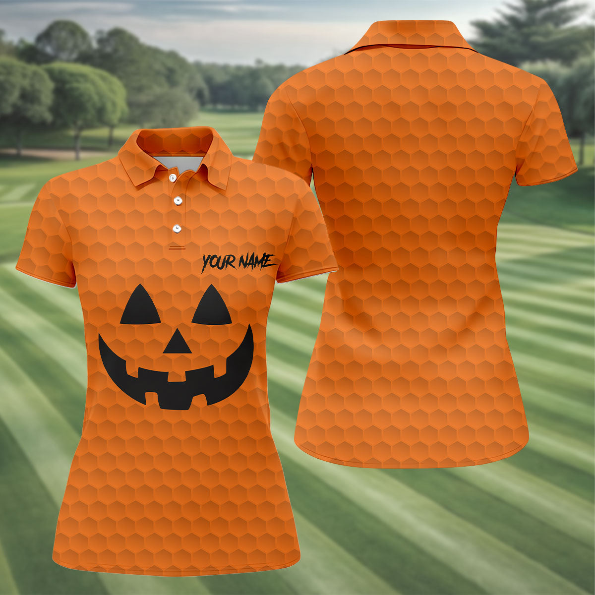 Halloween Pumpkin Face Custom Name Fun Women's Golf Shirts, Ladies Golf Tops, Golf Gifts For Women