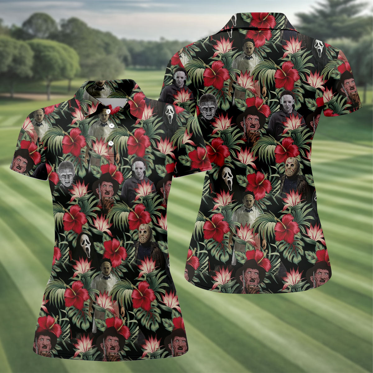 Halloween Tropical Horror Character Golf Shirt, Women's Golf Polo, Printed Golf Shirt