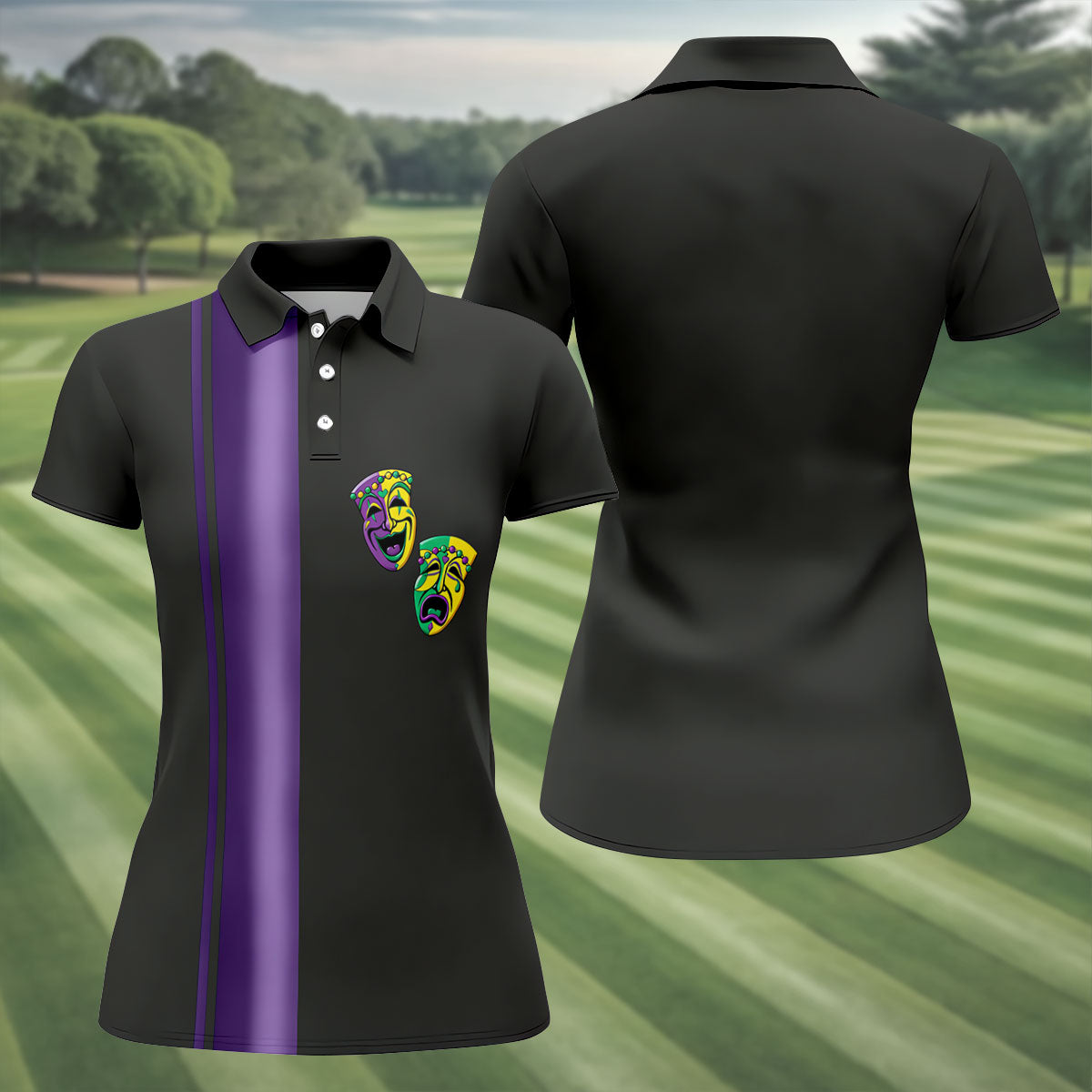 Melpomene And Thalia Theatrical Masks Purple Stripe Mardi Gras Golf Shirt, Women's Golf Tops, Ladies Golf Shirt