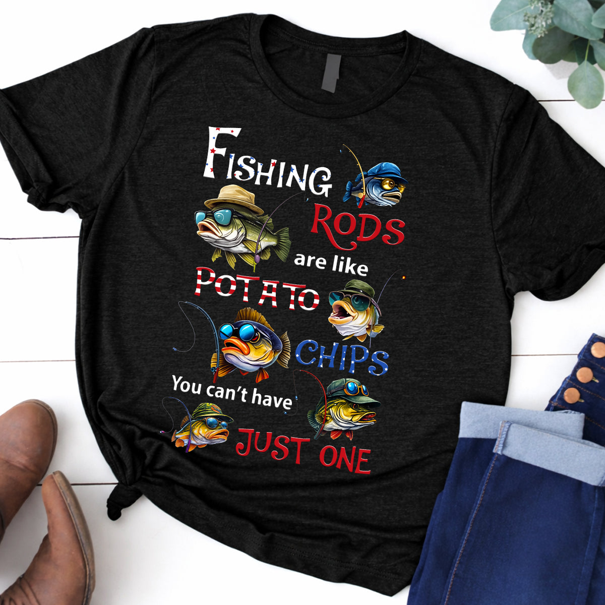 Fishing Rods Are Like Potato Chips Bass Fishing Patriotic 4th Of July Funny Fishing Shirt, 250 Years Fishing T-Shirts