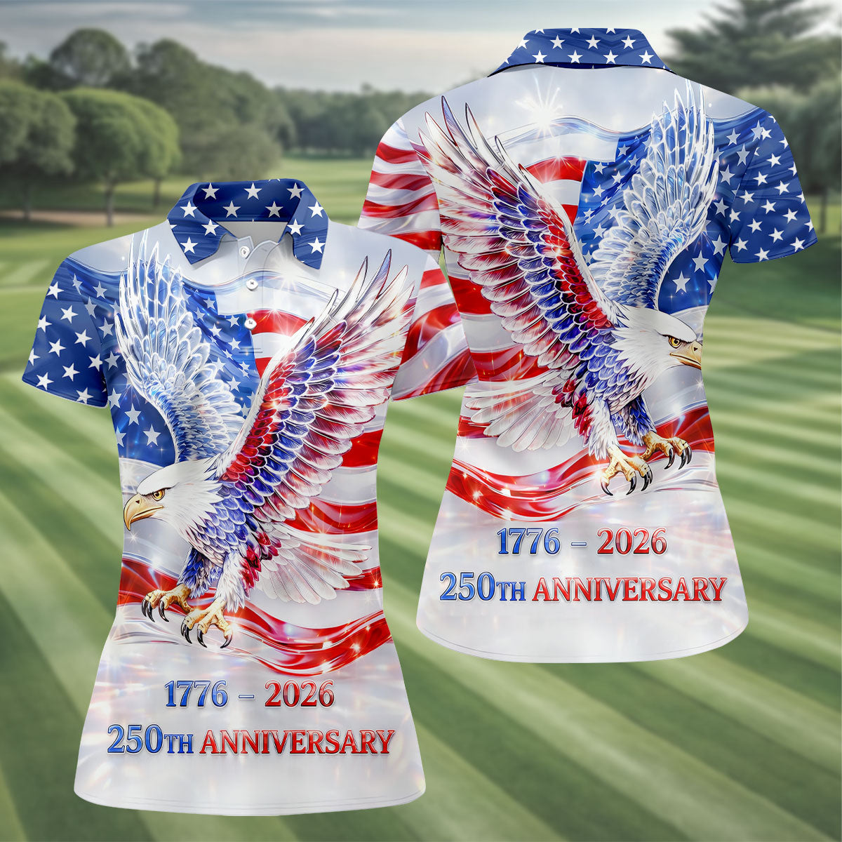 Bold Eagle American Flag Golf Shirt, Patriotic 4th Of July 250 Years Golf Shirt For Women