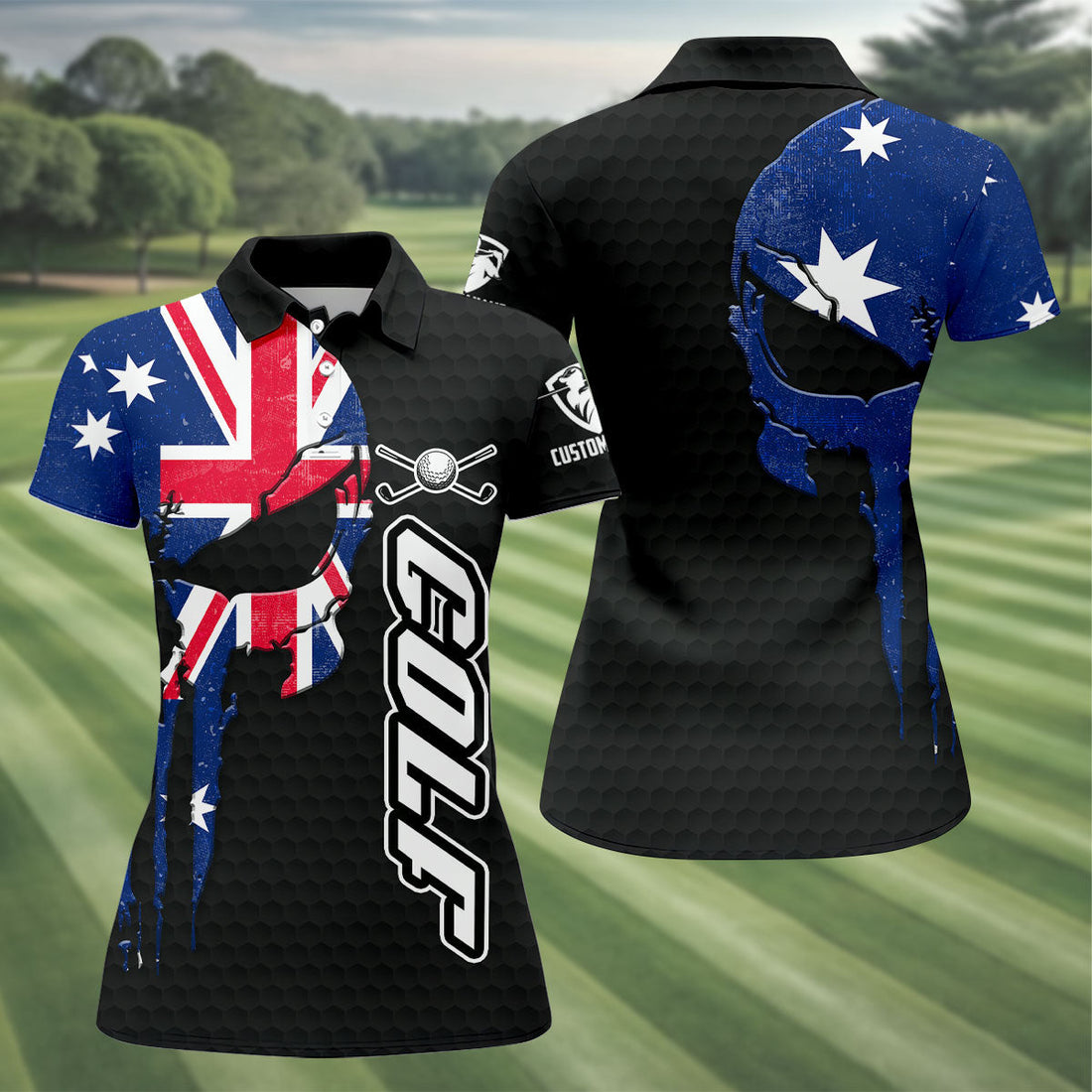 Cool Skull Golf Ball Pattern Australia Flag Print Black Golf Shirt, Golf Shirt For Women