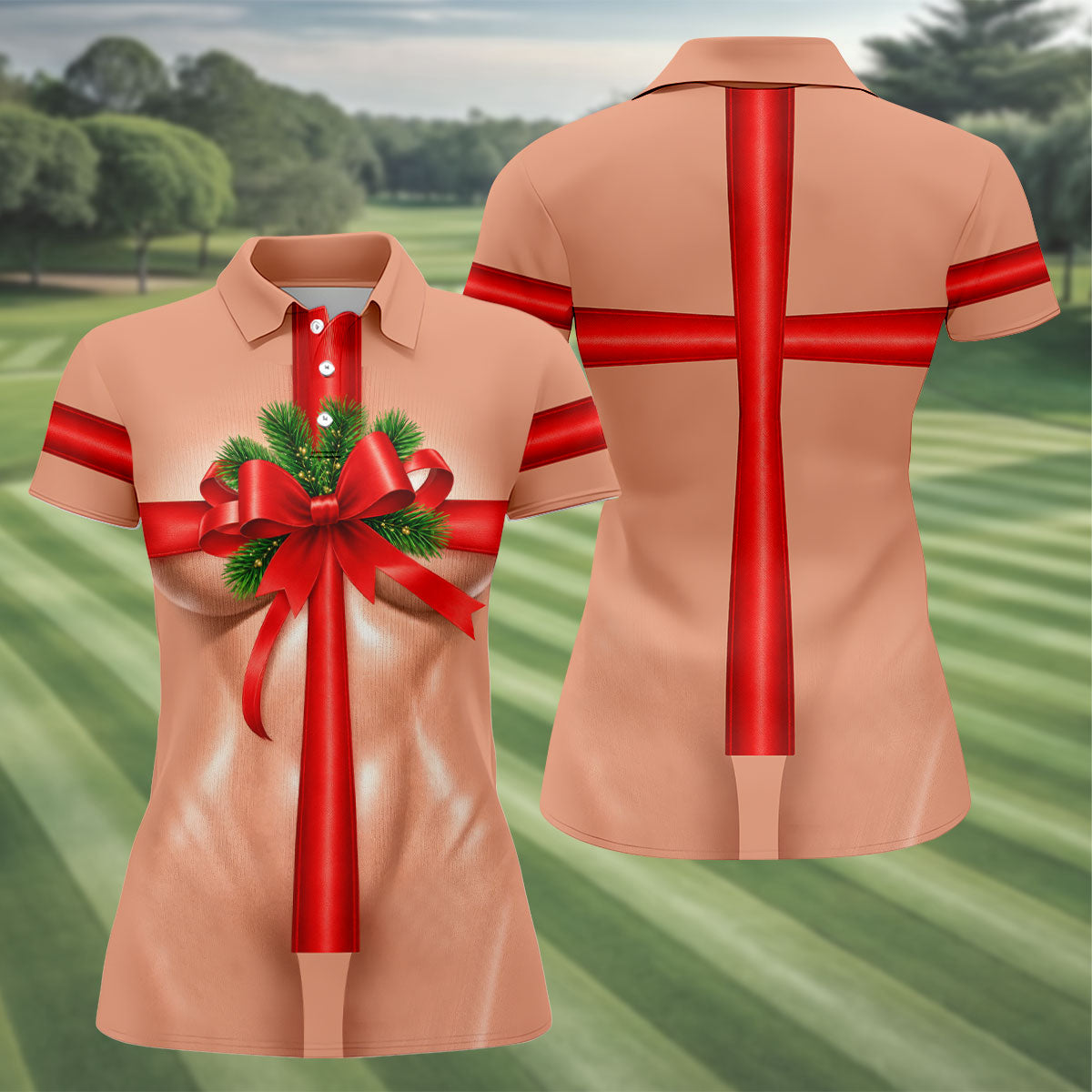 Christmas Red Bow Gift Golf Polo Shirt, Ladies Golf Shirts, Golf Shirts For Women