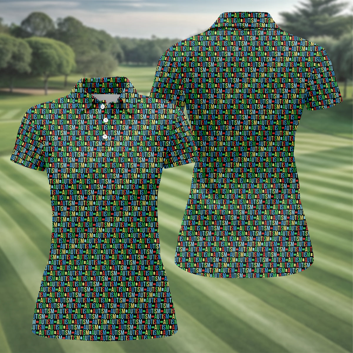 Autism Awareness Colorful Letters Seamless Pattern Ladies Golf Shirts, Golf Shirt For Women