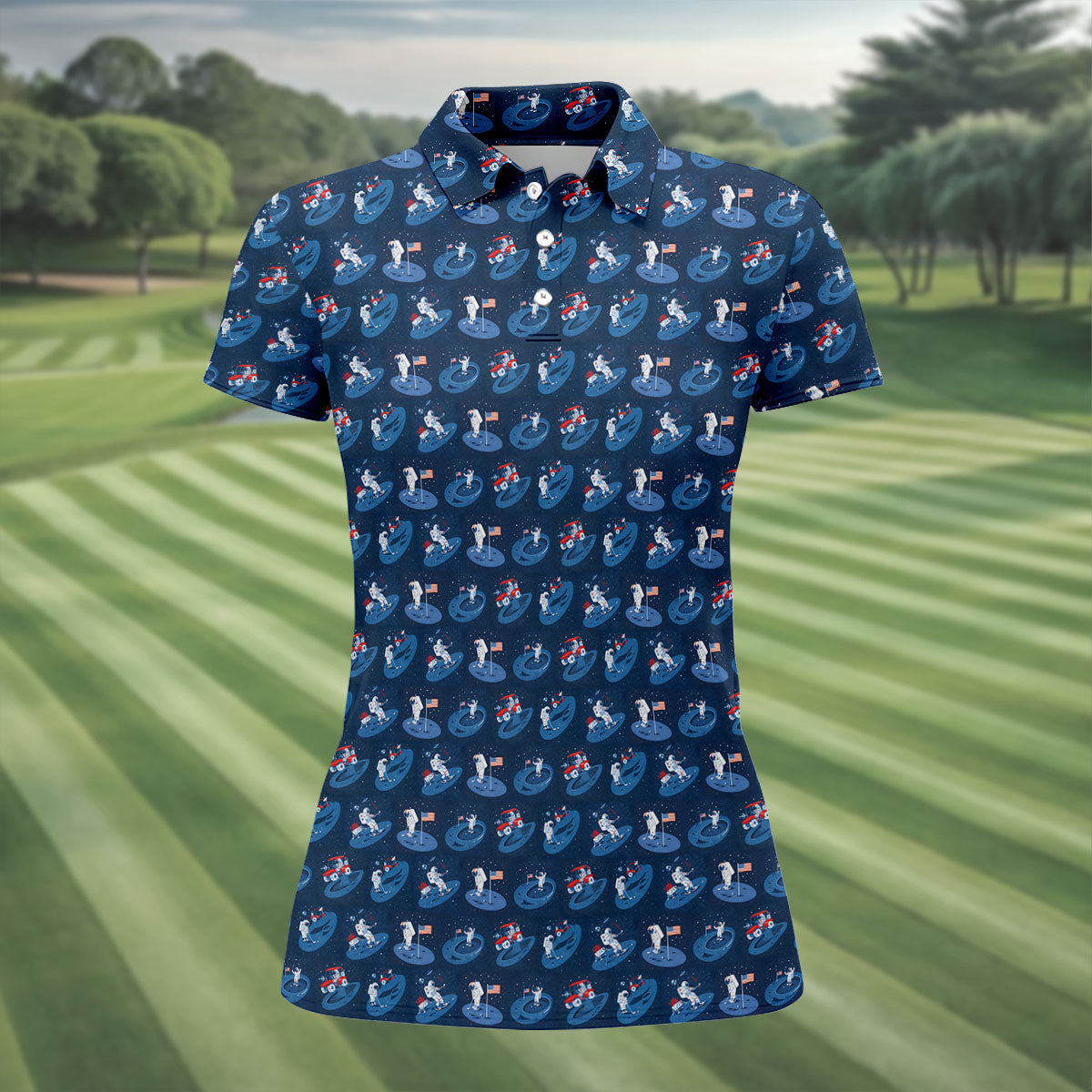 One Small Putt For Man Astronaut Golf US Flag Women's Golf Tops, Ladies Golf Shirt