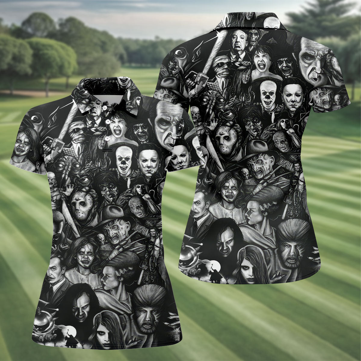 Classic Horror Characters Black And White Golf Polo, Golf Shirt For Women, Halloween Golf Shirt