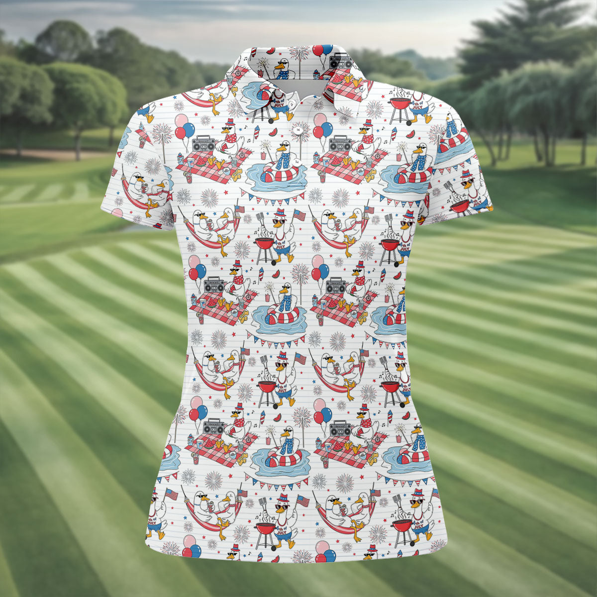Funny Patriotic Duck Summer Party Polo Shirt, Womens Golf Polo, Golf Shirts For Women