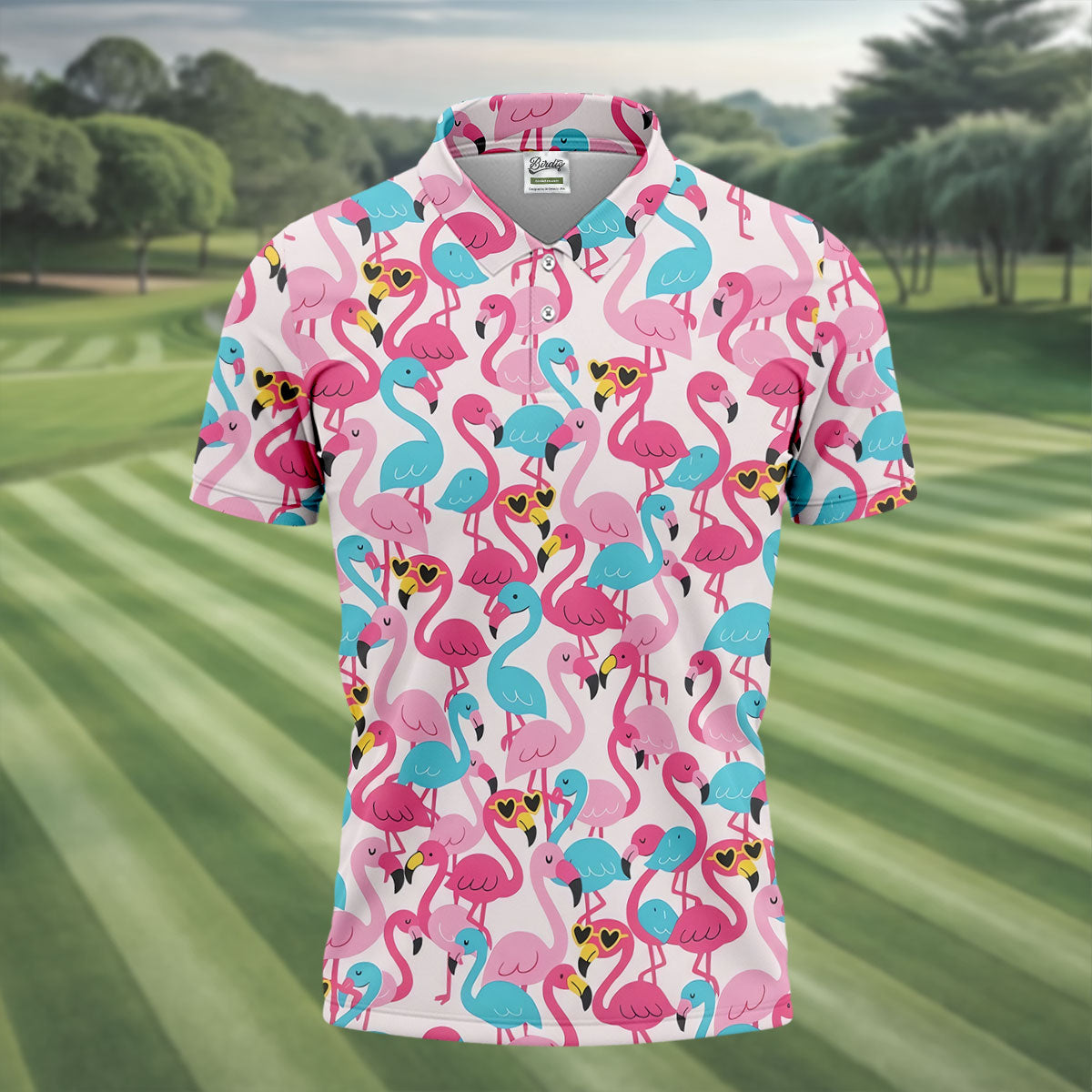 Funny Pink Flamingo Pattern Polo Golf Shirt, Mens Golf Polo, Golf Shirts For Men