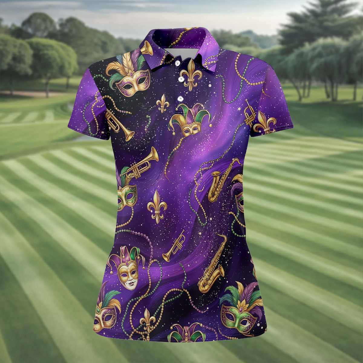 Golden Fleur De Lis Trumpet And Saxophone Mardi Gras Masquerade Mask Purple Golf Shirt, Women's Golf Tops