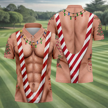 Funny Christmas Candy Cane Suspenders Polo Shirt, Men's Golf Shirt, Mens Polo Shirts