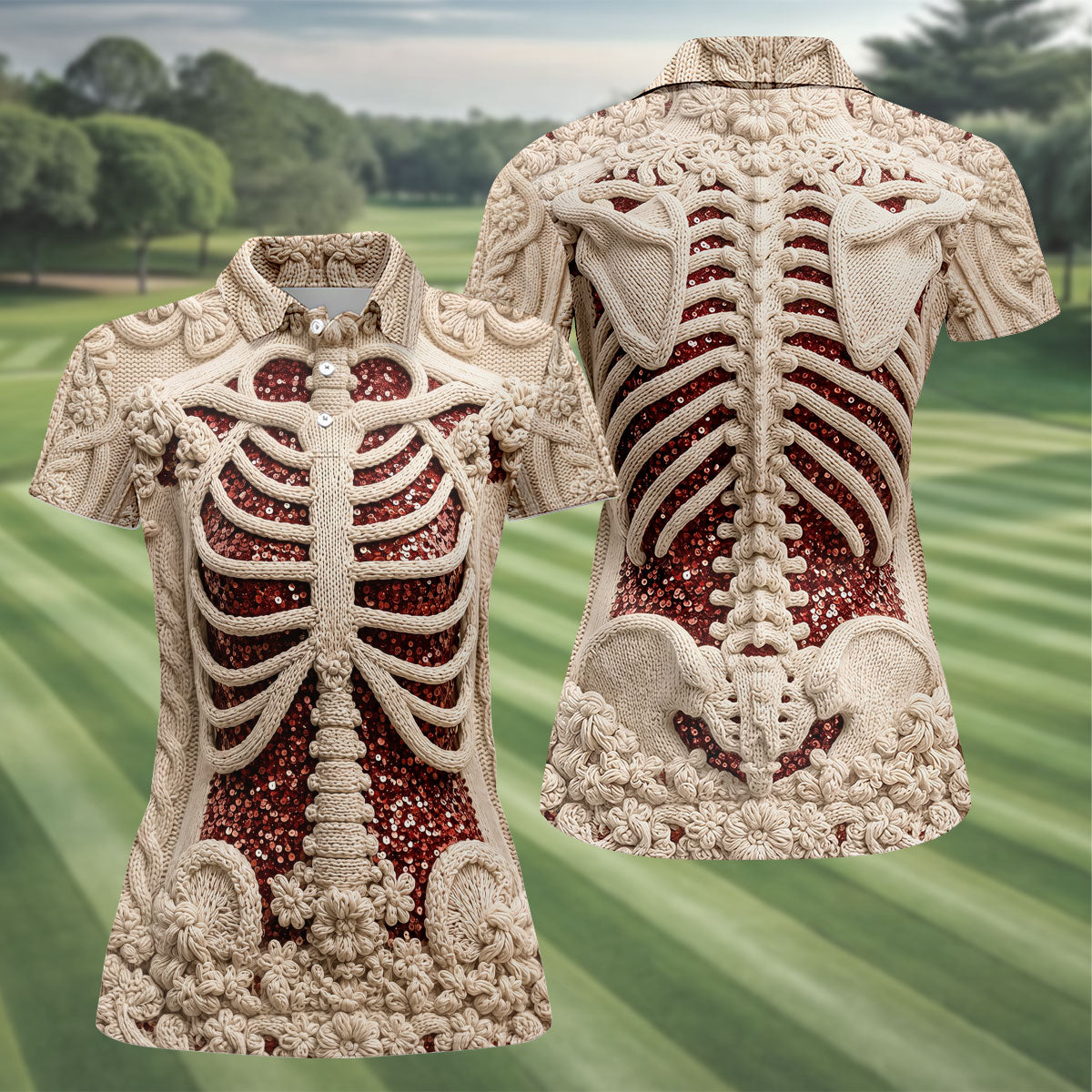 Knitted Skeleton Sequin Halloween Polo Shirt, Golf Shirts For Women, Womens Golf Tops