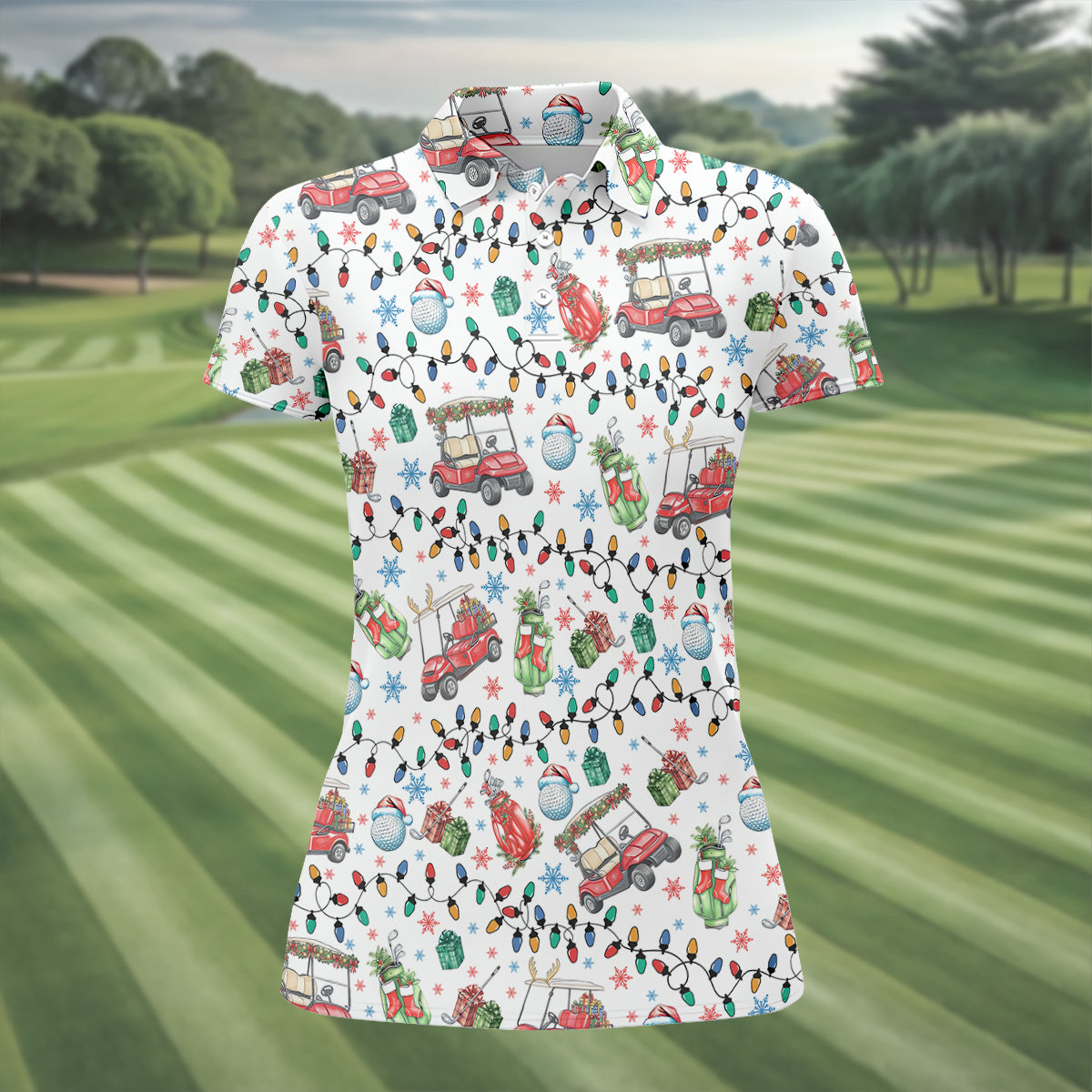 Golf Cart Christmas Lights Women's Golf Tops, Christmas Golf Shirt, Ladies Golf Polos, Golf Lover Xmas Gift