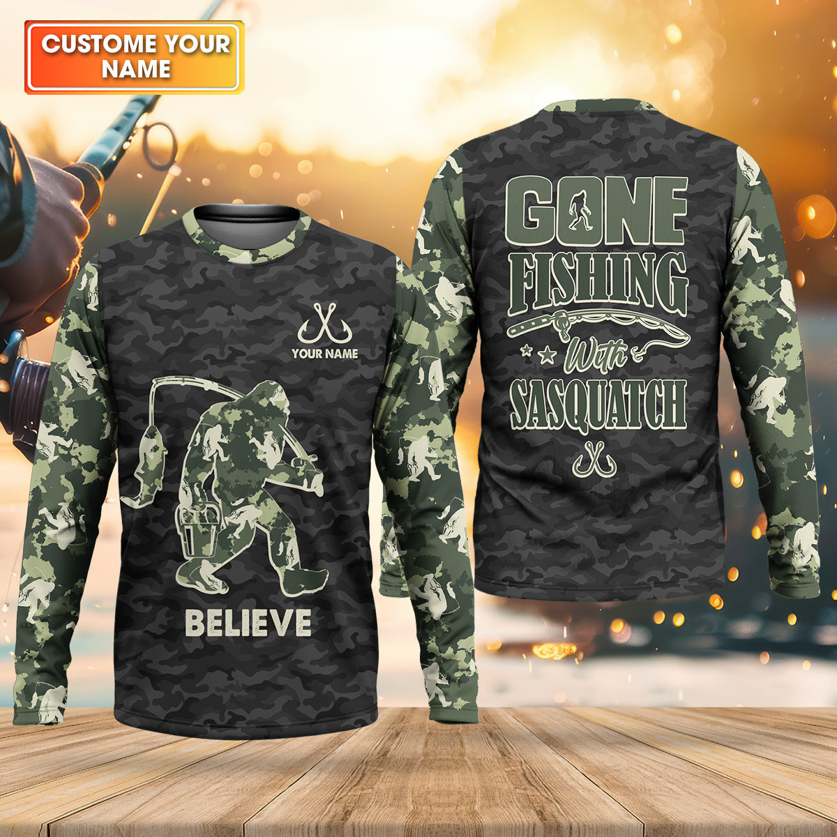 Gone Fishing With Sasquatch Camo Fishing Shirt, Fishing UPF Shirts, Fishing Shirts For Men