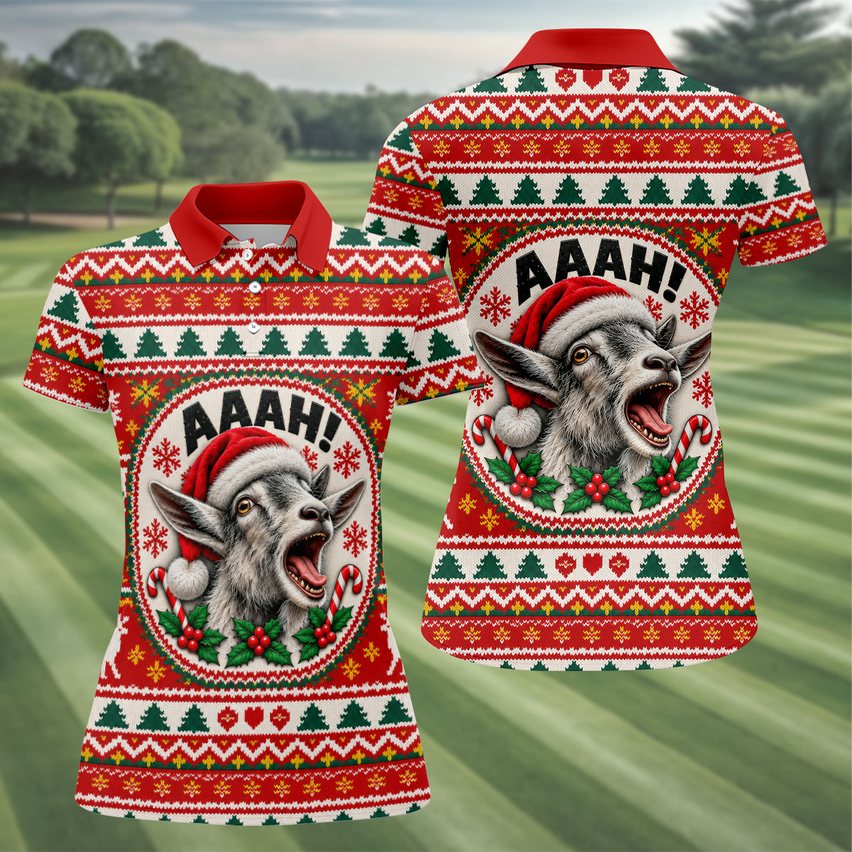 Funny Screaming Goat Christmas Golf Shirt, Ladies Golf Shirts, Golf Tops For Women