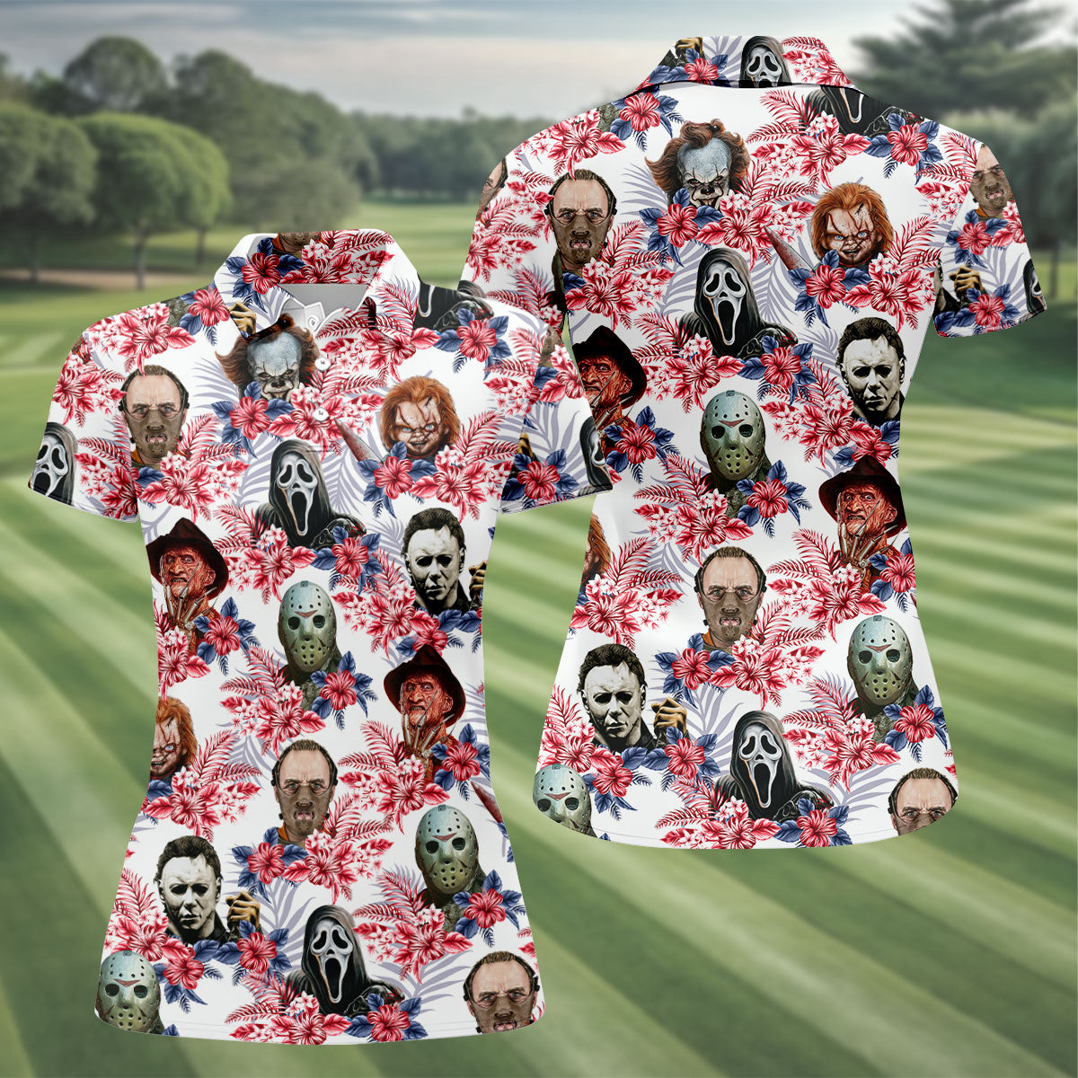 Tropical Horror Character Halloween Golf Shirt, Women's Golf Apparel, Printed Golf Shirt