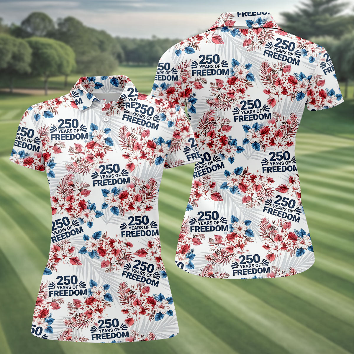 250 Years Of Freedom Tropical Vibe Retro Golf Shirt, Ladies Golf Tops, 4th Of July Golf Shirt For Women