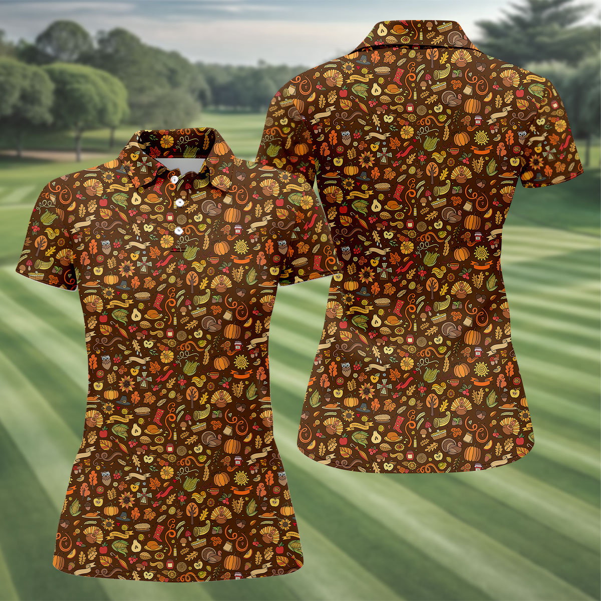 Turkey Pumpkin Funny Golf Shirts Women, Brown Golf Shirt, Thanksgiving Day Gifts, Ladies Golf Polos