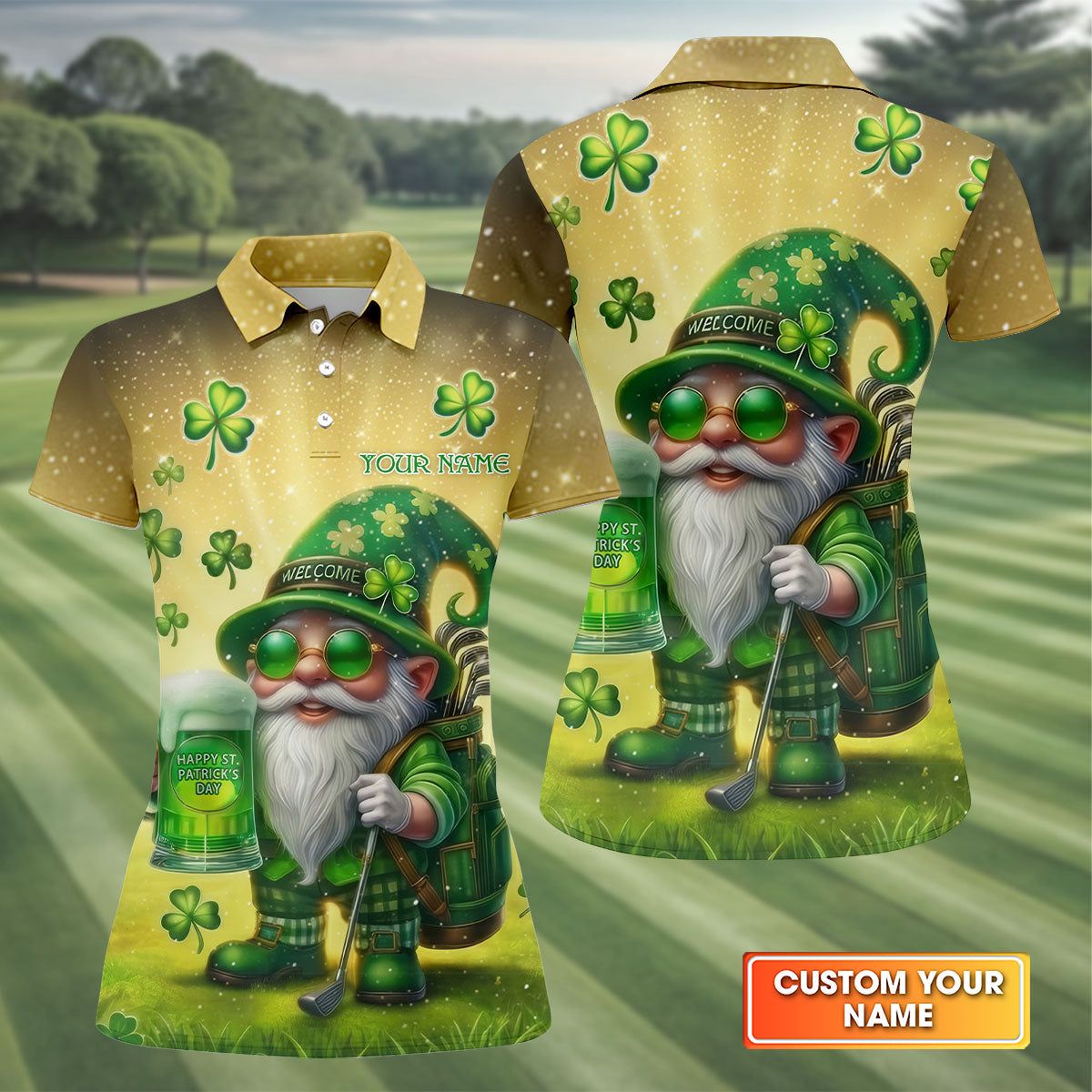 Happy St Patrick's Day Shamrock Gnome Golf And Beer Women's Golf Tops, Ladies Golf Polos