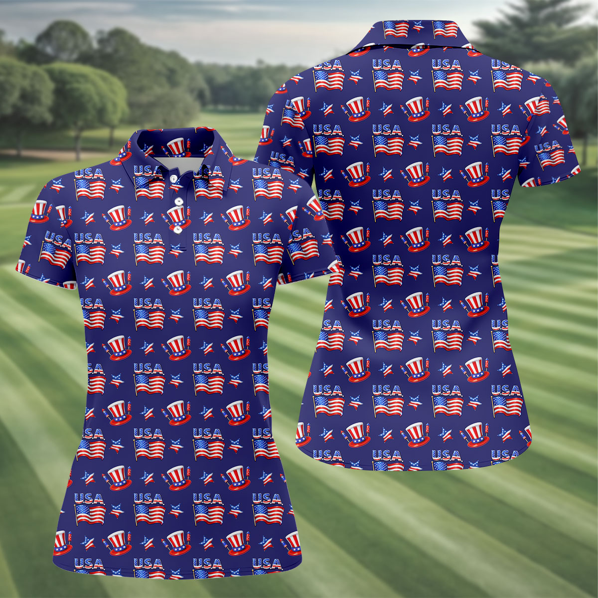 Waving Flags Uncle Sam Hats Seamless Pattern 250th Anniversary Golf Shirt For Women, Patriotic Golf Shirt