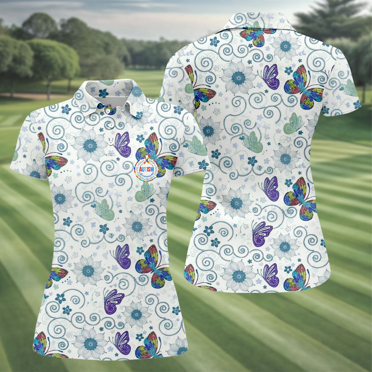 Autism Awareness Flower And Butterfly Puzzle Ribbon Golf Shirt For Women, Ladies Golf Polos